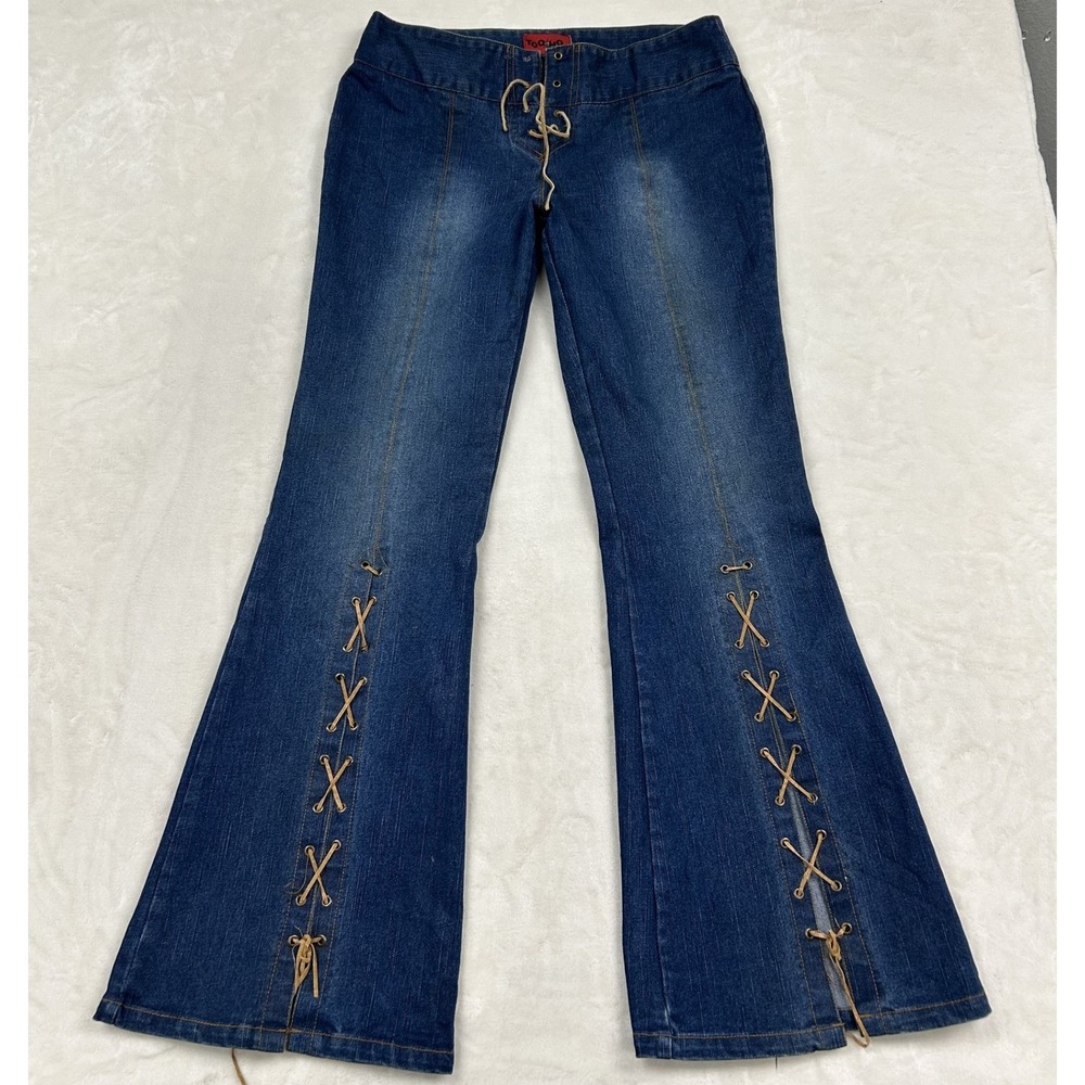 Too Hot Flare Jeans Womens 8 Blue Lace Up Front Leg Y2K Denim Low Rise